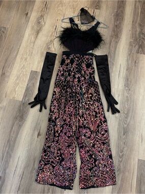 Tenth House Embellished Sequin Wide-Leg dance Jumpsuit with Feather Bodice -PA